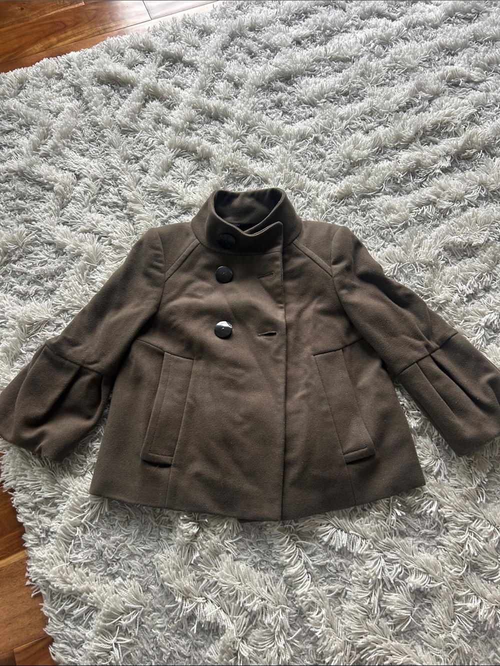 Zara Brown Double-Breasted Pea Coat with Balloon Sleeves